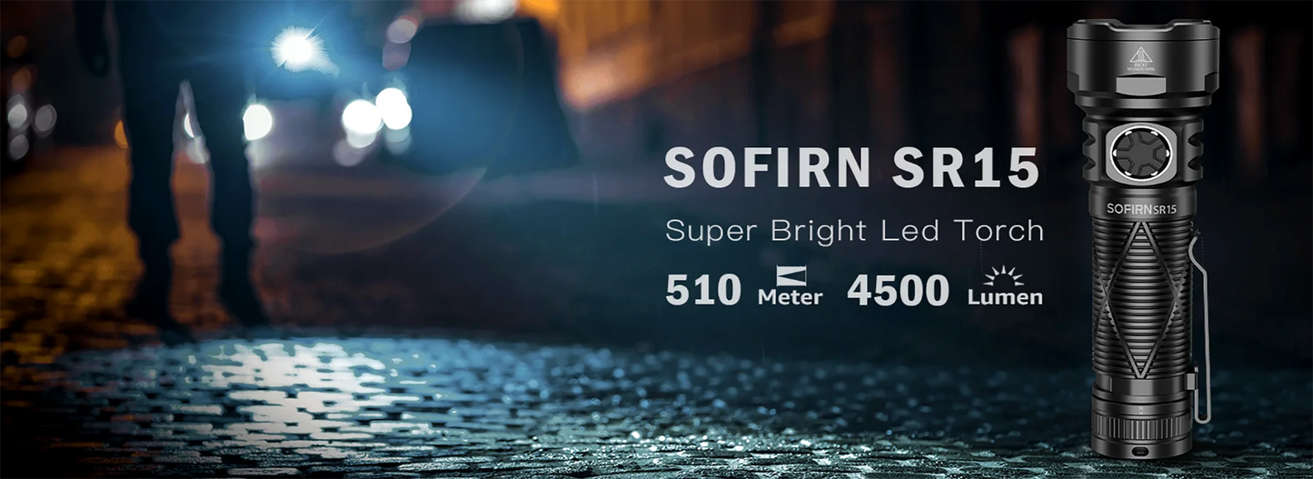 Sofirn SR15 Flashlight – 4500 Lumen SFT25R LED, 21700 USB-C Rechargeable Torch with 5V/3A Charge