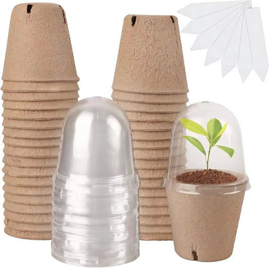 Complete Seed Starter Kit: Biodegradable Peat Pots with Labels and Humidity Domes - Perfect for Seedling Planting