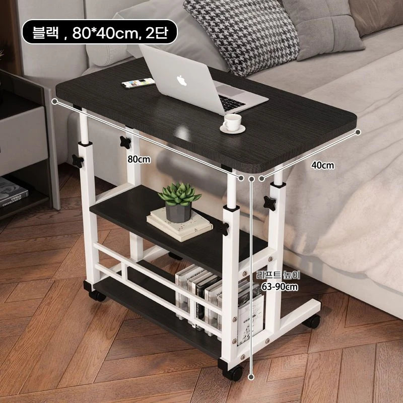 Double-Layer Movable Desk – Bedside Laptop Table with Storage Shelf, White Lift Office & Bedroom Desk