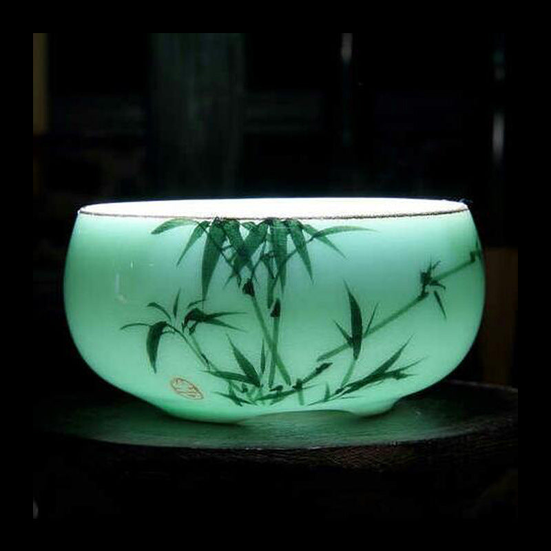 Traditional Celadon Hand-Painted Teacup — 80ml Ceramic Lotus & Bamboo Double-Fish Chinese Tea Cup