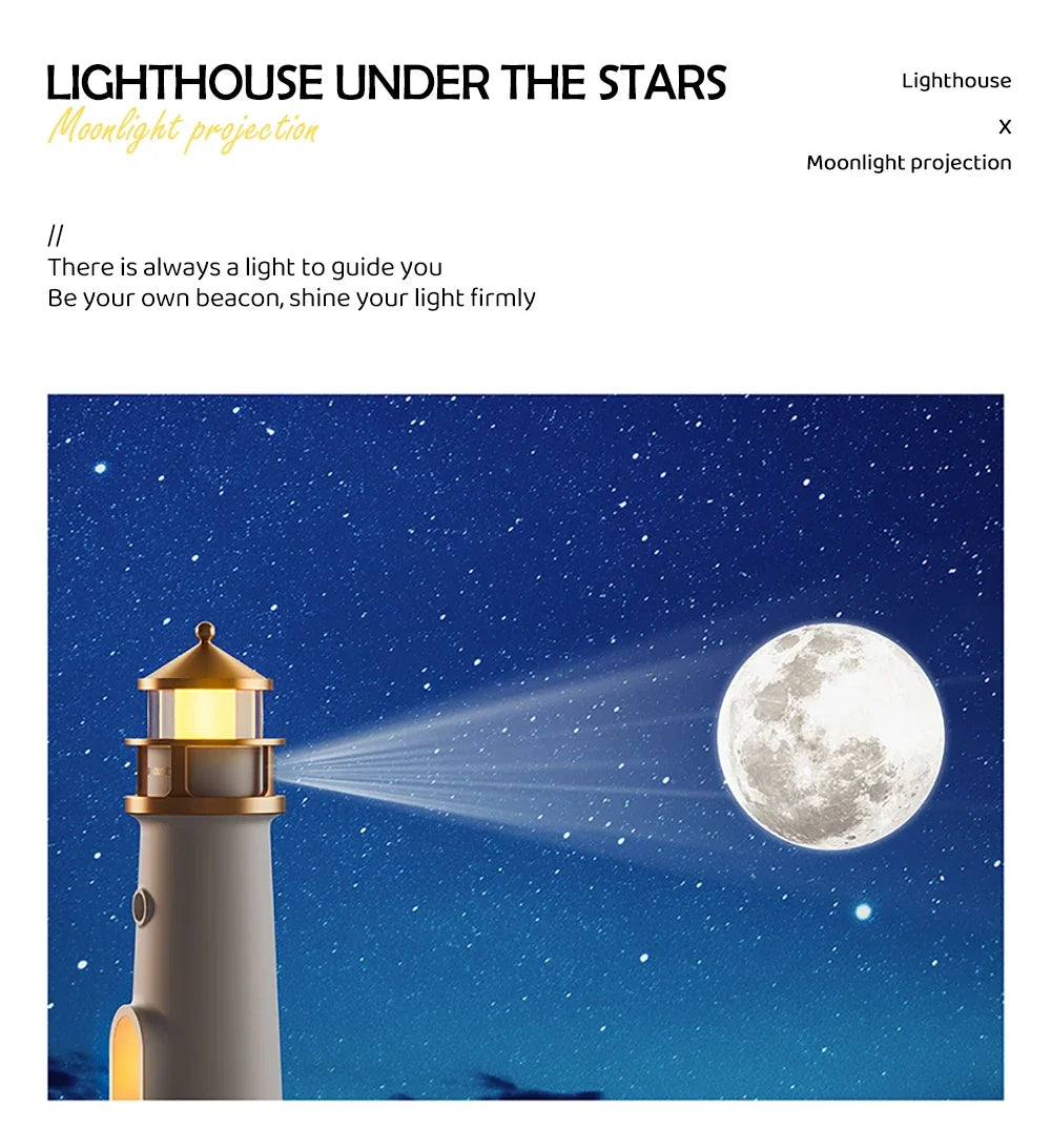 Moon Projection Lighthouse Night Light – Dimmable, Motion Sensor, Bluetooth Music, Timing Ambient Lamp for Christmas & Birthday Gift
