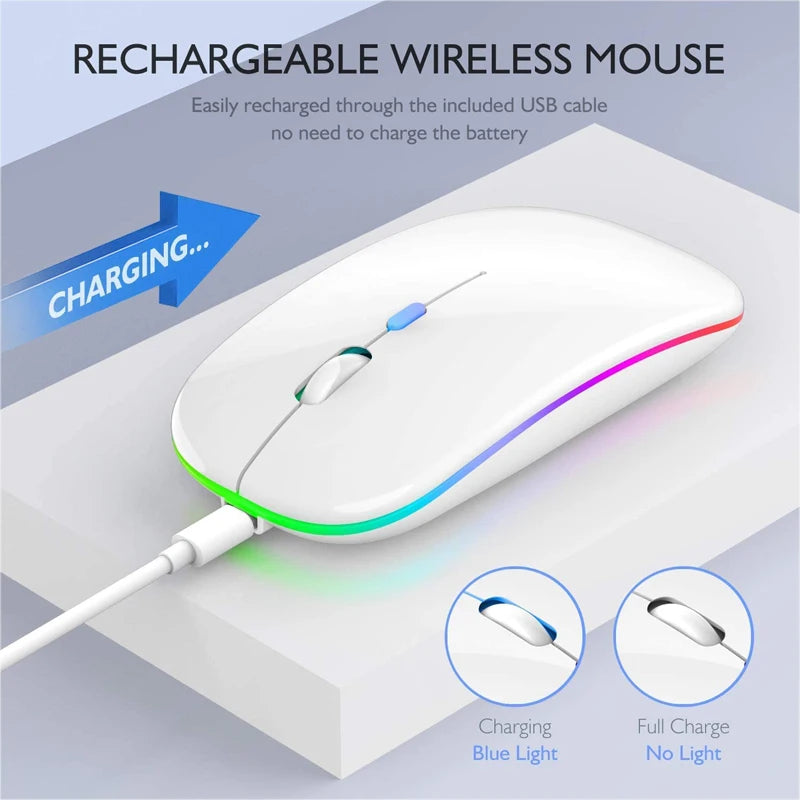 LED Wireless Mouse - USB Rechargeable, Bluetooth-Compatible RGB Ergonomic Silent Mouse with Backlight for Laptop, PC, iPad