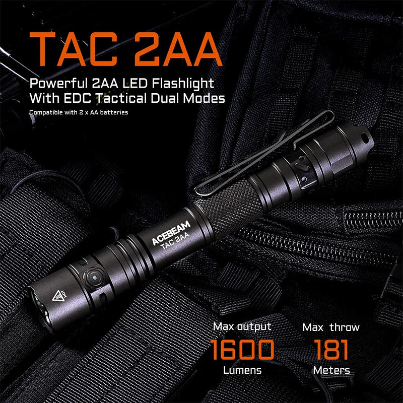 ACEBEAM TAC 2AA LED Flashlight — 1600 Lumen Portable EDC Torch, 181m Beam, USB-C Rechargeable with Dual Buttons
