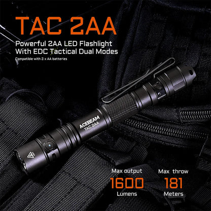 ACEBEAM TAC 2AA LED Flashlight — 1600 Lumen Portable EDC Torch, 181m Beam, USB-C Rechargeable with Dual Buttons