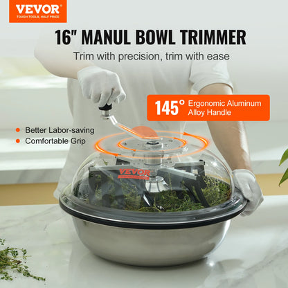 VEVOR 16/19/24 in Manual Leaf & Bud Bowl Trimmer — Stainless Steel Blades, Twist-Spin Cut, Clear Dome