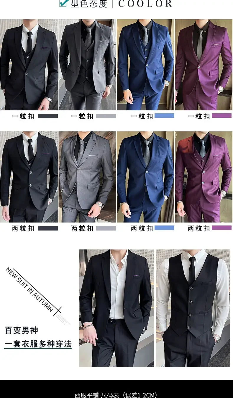 Men’s 3-Piece Suit 6XL — Blazer, Vest & Trousers, Italian Style Fashion Business Wedding Formal Gentleman Dress