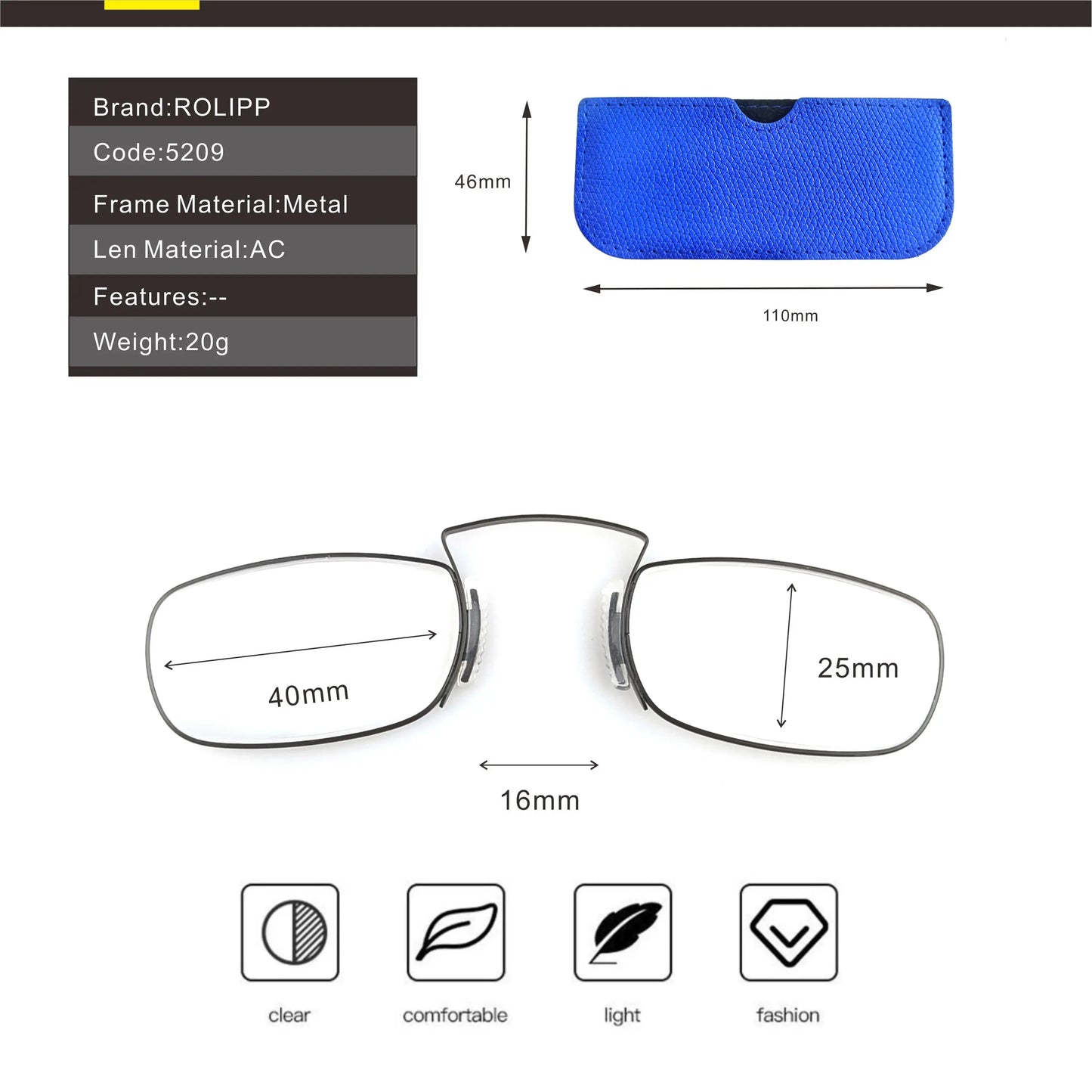 Portable Rectangle Reading Glasses for Men — Clip-On Nose Bridge Metal Frame with Case, Prescription +1 to +3