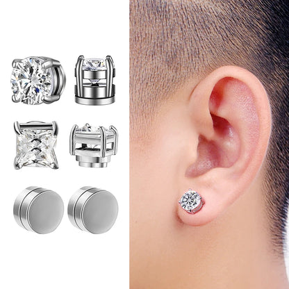 Crystal Strong Magnetic Ear Stud Clip Earrings - Punk Round Zircon Non-Piercing Earrings for Men & Women