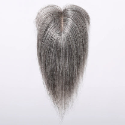 Light Grey Human Hair Topper with Thick Bangs – Clip-In 360° Coverage Hair Extensions for Women