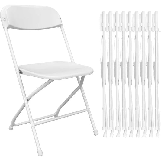 10-Pack White Plastic Folding Chairs – Indoor/Outdoor Portable Seating with Steel Frame for Events & Commercial Use