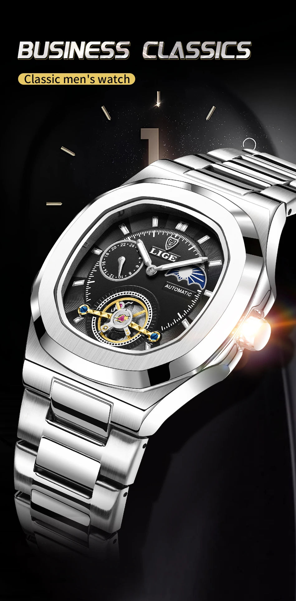 LIGE Dual Seconds Tourbillon Watch – Men's Stainless Steel Mechanical Timepiece, 24H, Night Glow, Waterproof