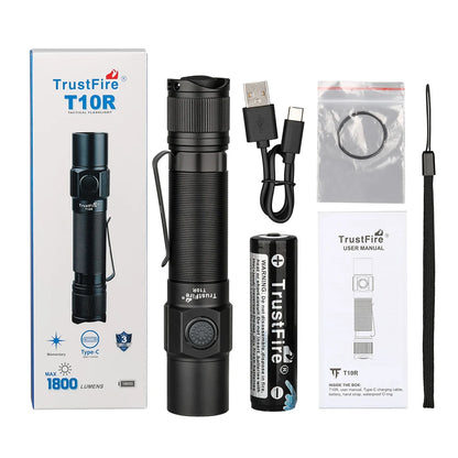 Trustfire T10R Tactical LED Flashlight — 1800 Lumen, USB-C Rechargeable 18650 Torch with Dual Switch