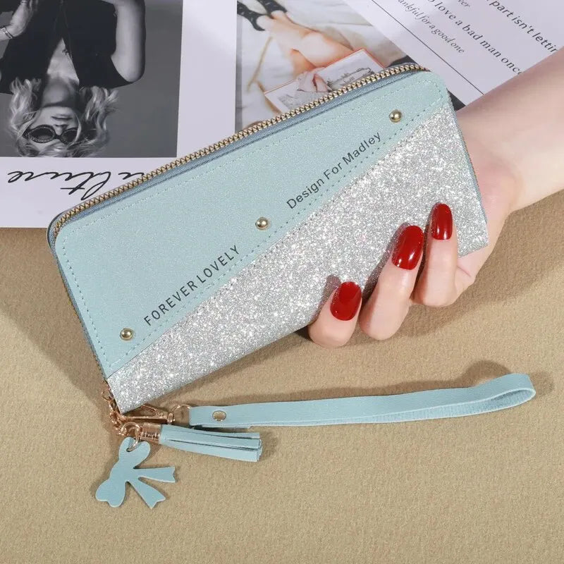 KISMIS New Long Women's Zipper Wallet - Korean Style with Color Contrast, Tassel and Rivet Details