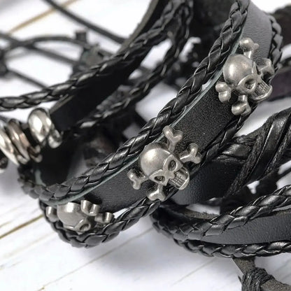 6PCS Black Punk Bracelet Set – Skull & Star Shaped Alloy with PU Leather