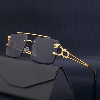 Metal Leopard Rimless Sunglasses: Gradient Ocean Film Shades with Double Bridges - Fashion UV400 Eyewear