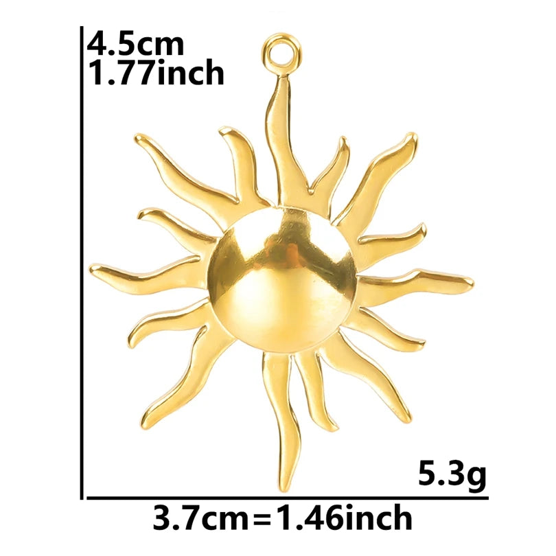 6pcs Real Gold-Plated Sun Charms - Stainless Steel Jewelry Making Pendants, Heart, Moon & Sunshine Design