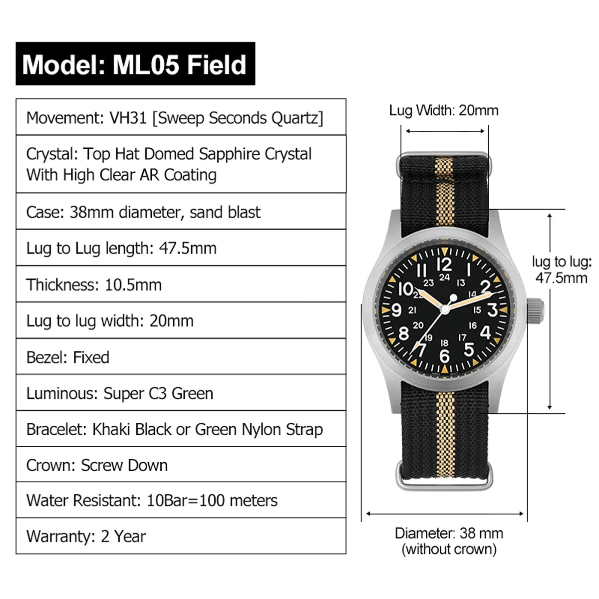 Militado ML05 Vintage Quartz Watch 38mm with VH31 Movement, Domed Sapphire Crystal, AR Coating & Luminous Dial