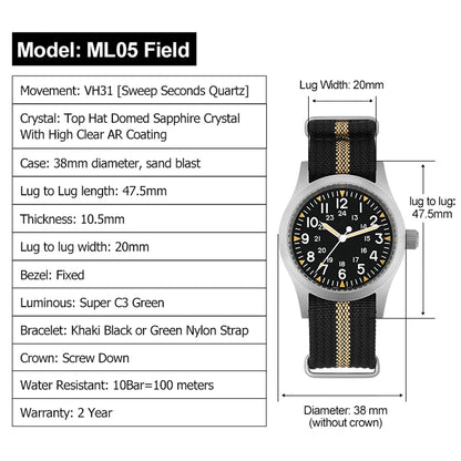 Militado ML05 Vintage Quartz Watch 38mm with VH31 Movement, Domed Sapphire Crystal, AR Coating & Luminous Dial