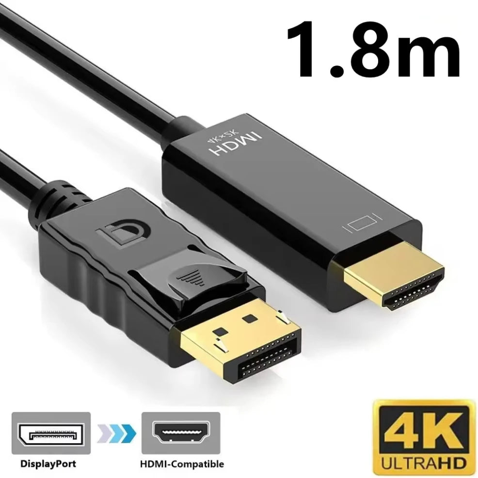 4K*2K DisplayPort to HDMI Adapter – 1.8m DP to HDMI Converter Cable for Desktop, Laptop, PC, TV, Monitor, Projector