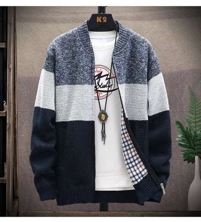Men's Fleece Zipper Cardigan – Autumn Winter Velvet Striped Sweater Jacket
