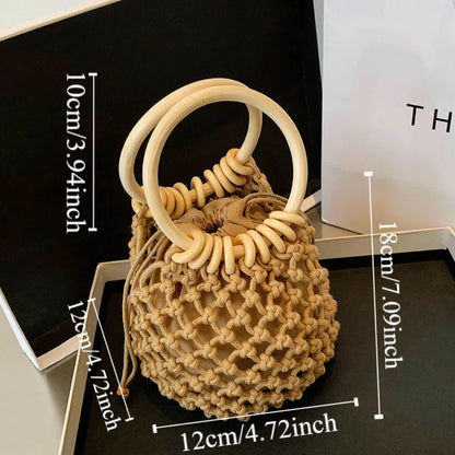 Handmade Woven Straw Handbag – Elegant Bucket Tote Wrist Pack for Women, Travel & Leisure