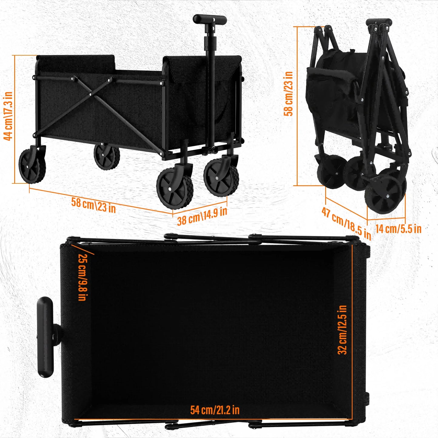 Black Folding Handcart — Small Portable Outdoor Garden Utility Wagon for Shopping, Picnic & Beach
