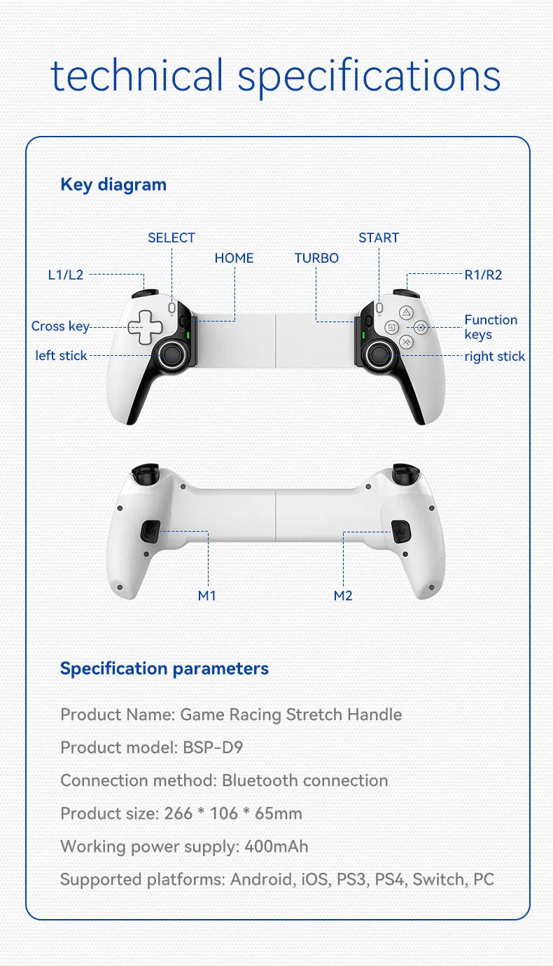 BSP-D9 Wireless Bluetooth Mobile Game Controller – Stretch Design for PC, Tablet, Switch, PS3/PS4, Dual Hall Somatosensory Controller