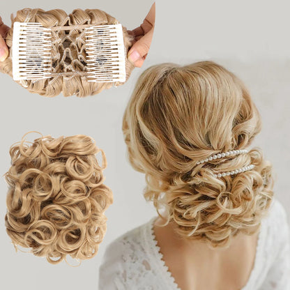 Short Messy Curly Hair Bun Extension – Easy Stretch Combs & Clip-in Ponytail Scrunchie Chignon for Hair Styling