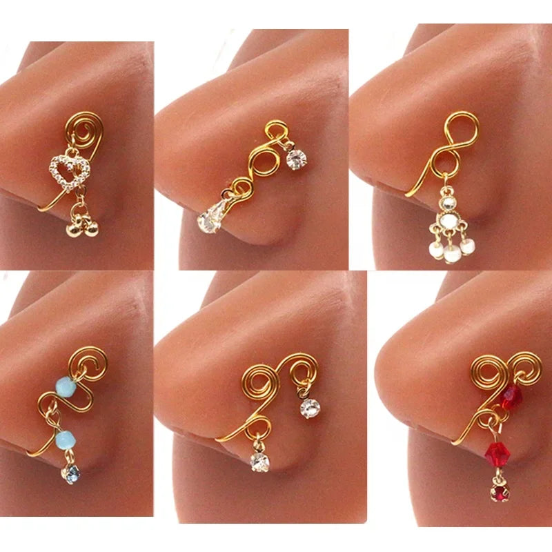 Nose Cuffs Fake Nose Ring – Brass Thread Bead Dangle Copper Clip-On Non-Piercing Body Jewelry for Women