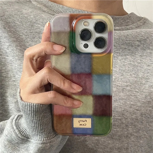 Cute Dopamine Color Block Plaid Clear Case – Checkered Soft Cover for iPhone 16, 15, 14, 13, 12, 11, Pro Max, XS, XR, SE, 7, 8 Plus