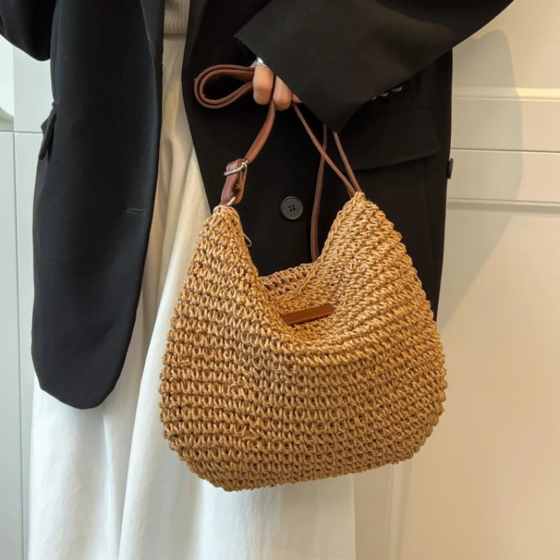 Straw Knitted Handbag – Women’s Woven Shoulder & Crossbody Beach Bag
