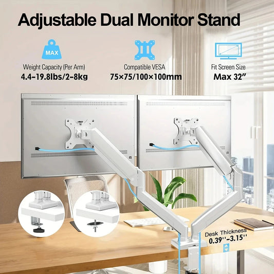 Dual Monitor Desk Mount – Mechanical Arm, VESA 100x100mm, Height Adjustable, Supports 32" Screens & 19.8 lbs per Screen