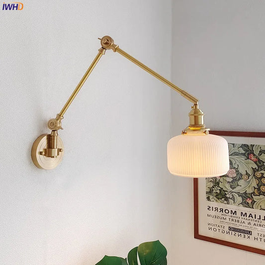 IWHD 2022 Ceramic Copper LED Wall Lamp — Adjustable Swinging Long Arm Light for Bedroom & Living Room
