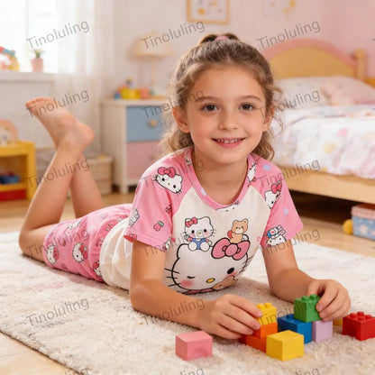 Girls’ Summer Pajama Set – Hello Kitty & Kuromi Tops with Shorts, Sleepwear for Ages 3-12