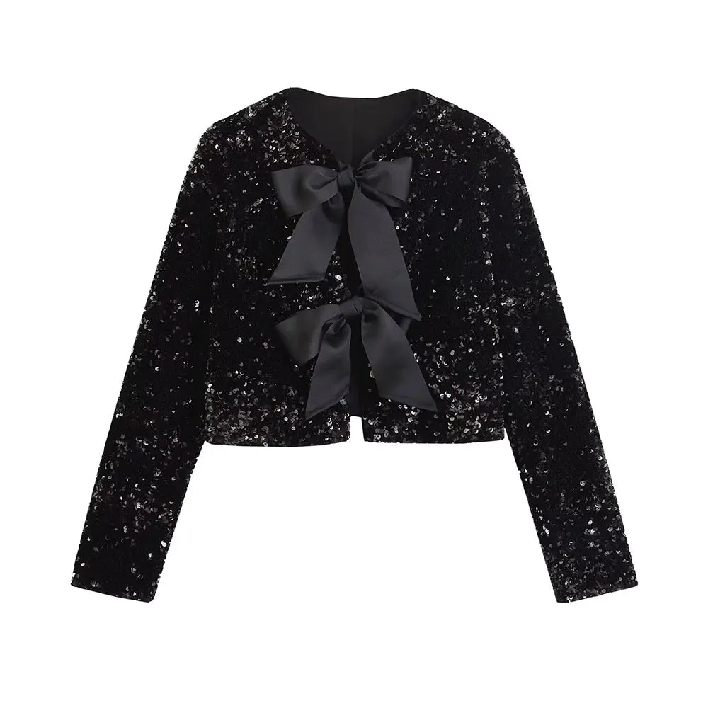 TRAF Women's Sequin Cropped Jacket – Long Sleeve O-Neck Coat with Bow Tie, Chic Outerwear Top