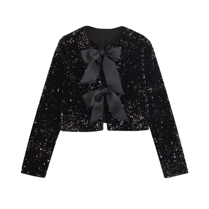 TRAF Women's Sequin Cropped Jacket – Long Sleeve O-Neck Coat with Bow Tie, Chic Outerwear Top