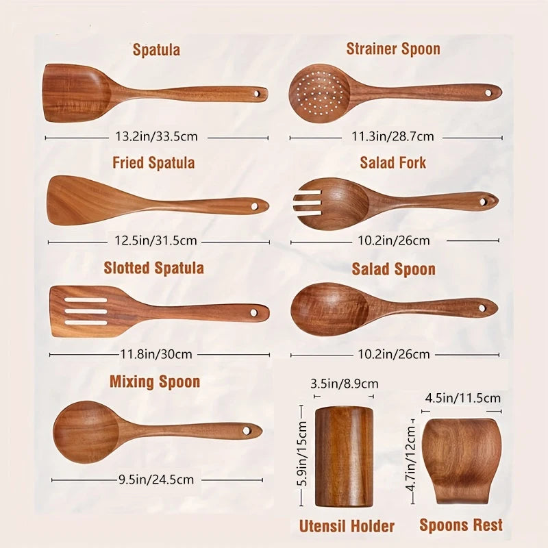 9PCS Teak Wooden Cooking Spoons Set – Kitchen Utensils with Holder