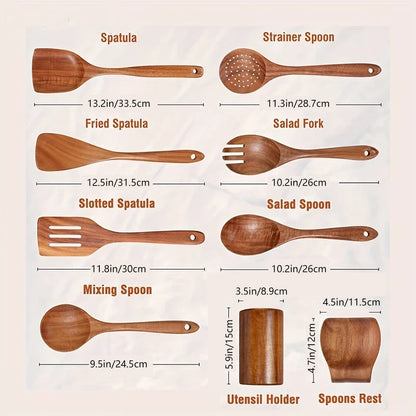 9PCS Teak Wooden Cooking Spoons Set – Kitchen Utensils with Holder