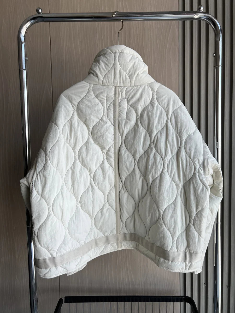 2024 ETJ Quilted Women's Coat – Beige Drawstring High Neck Jacket with Ties & Pockets