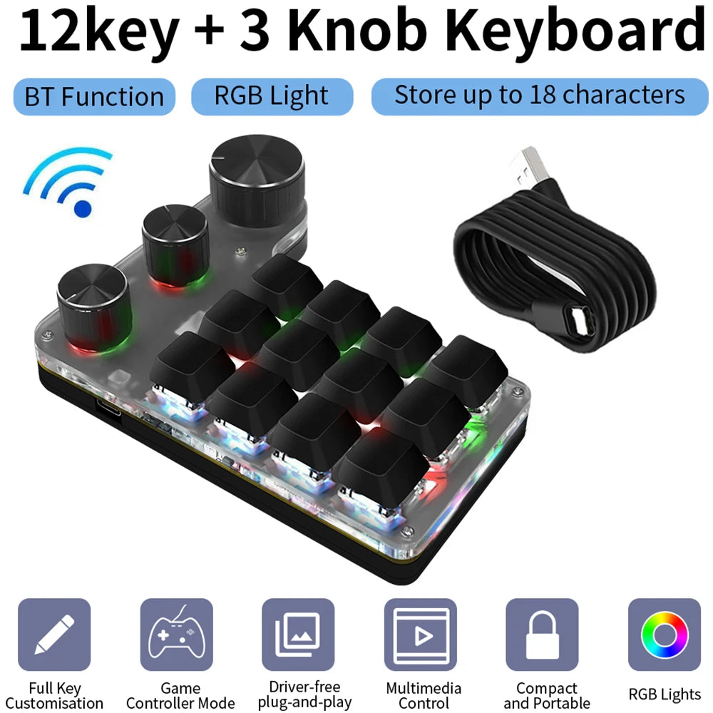 Bluetooth 12-Key RGB Macro Keyboard — 3 Knob Mechanical Hotswap Keypad for Photoshop & Gaming