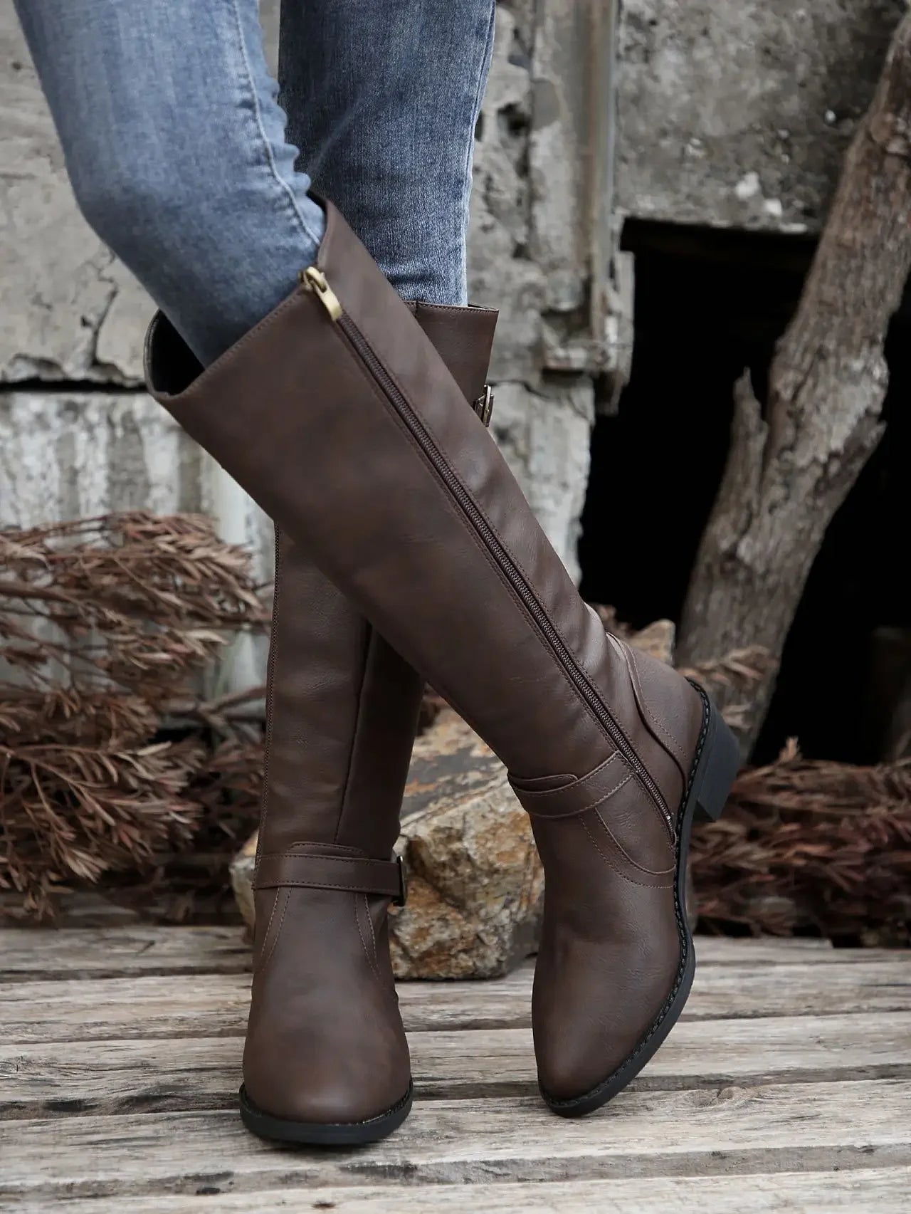 Women’s Winter High-Top Knight Boots – Side Zipper & Belt Buckle, Pointed Toe, PU Material with Cotton Lining