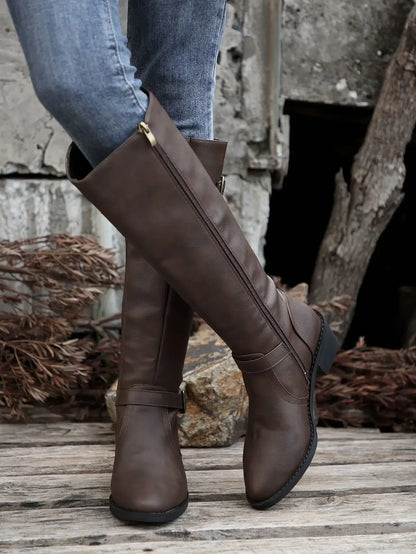 Women’s Winter High-Top Knight Boots – Side Zipper & Belt Buckle, Pointed Toe, PU Material with Cotton Lining