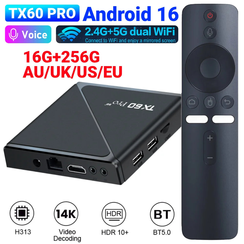 Android 16 Smart TV Box — Allwinner H313 Quad-Core, Dual WiFi 2.4G/5G, 14K Media Player with Voice Remote (16G/256G)