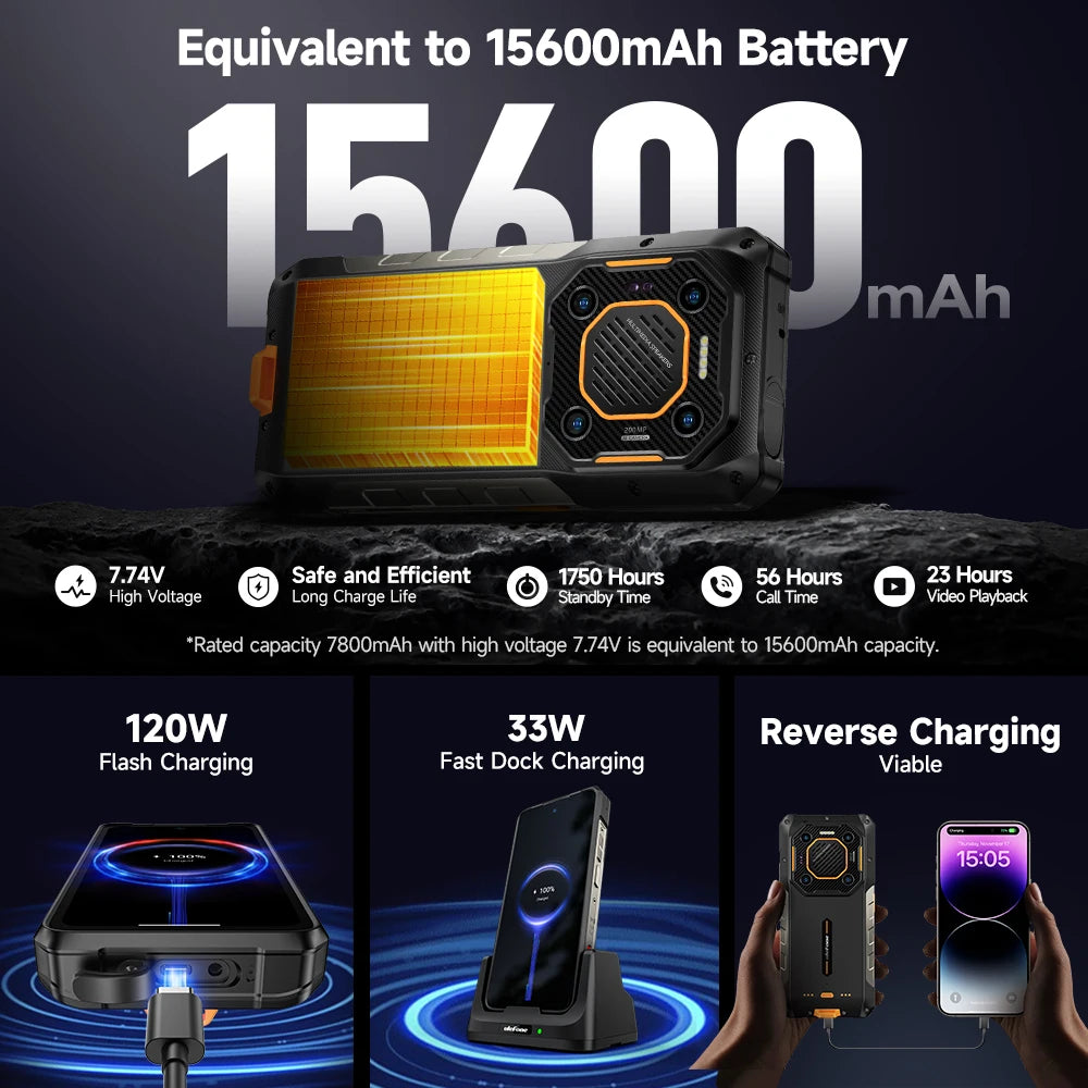 Ulefone Armor 26 Ultra 5G Rugged Waterproof Smartphone - 120W Fast Charging, 15600mAh, 200MP+64MP, 24GB+512GB, NFC