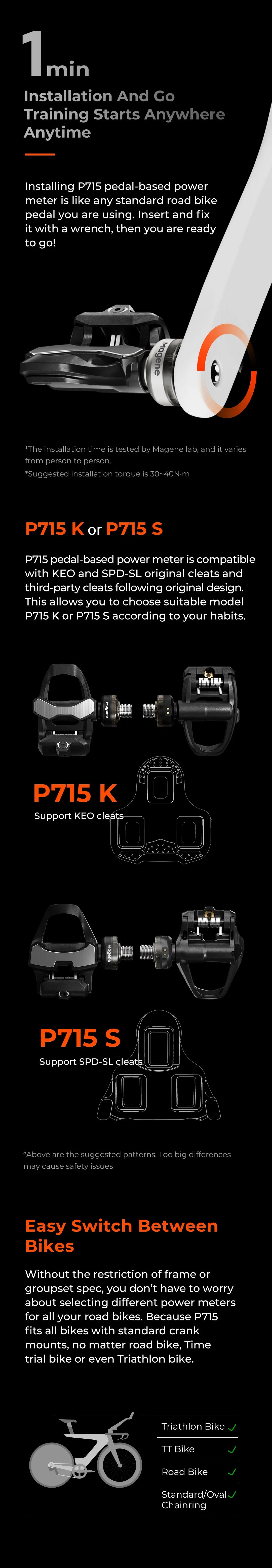 Magene P715 Bike Power Meter Pedals — 1% Accuracy Cadence & Balance, Compatible with KEO & SPD-SL Cycling Pedals