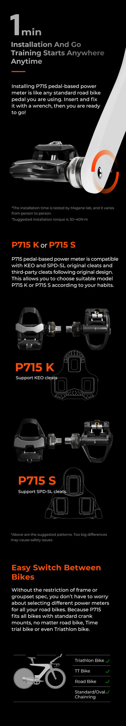 Magene P715 Bike Power Meter Pedals — 1% Accuracy Cadence & Balance, Compatible with KEO & SPD-SL Cycling Pedals