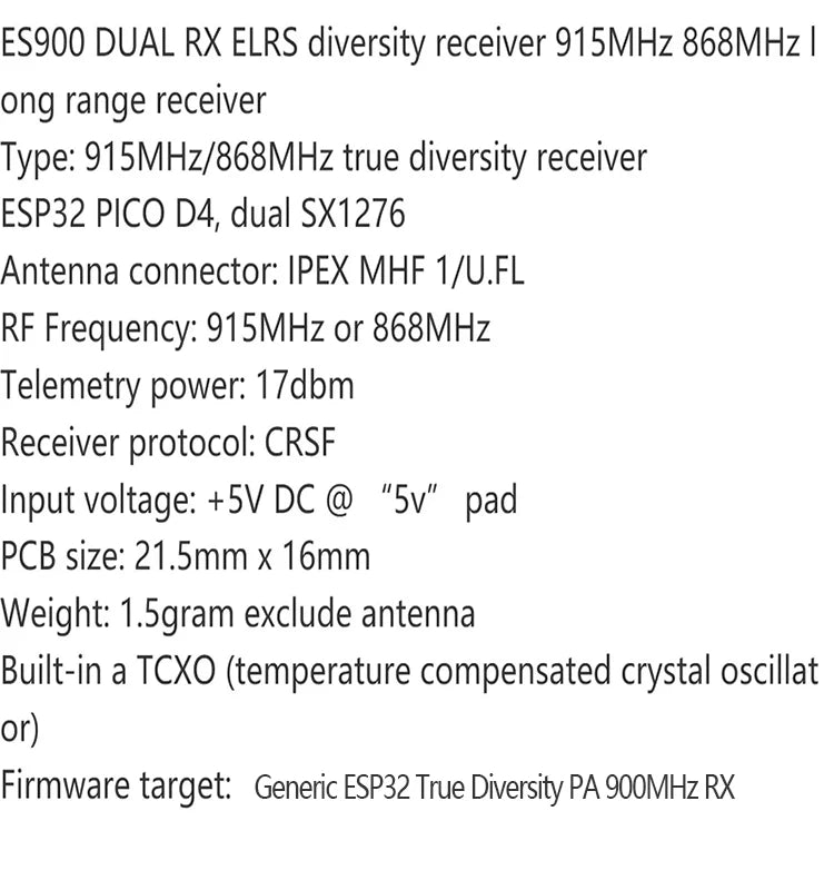 ES900 DUAL RX ELRS Diversity Receiver – 915MHz/868MHz with Built-in TCXO for RC Airplane & FPV Long Range Drone