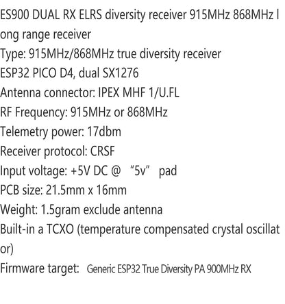 ES900 DUAL RX ELRS Diversity Receiver – 915MHz/868MHz with Built-in TCXO for RC Airplane & FPV Long Range Drone