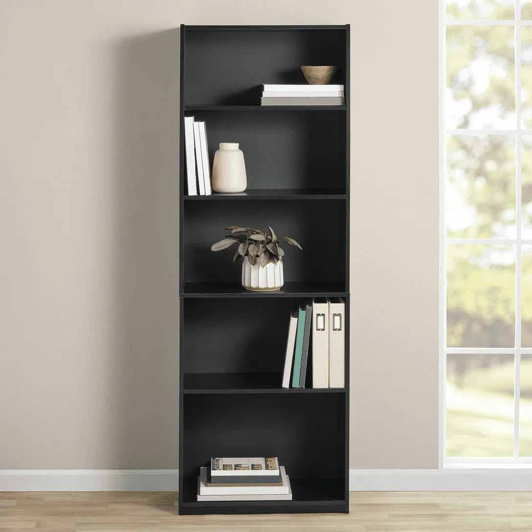 5-Shelf Adjustable Bookcase – True Black Oak Storage Shelf Unit