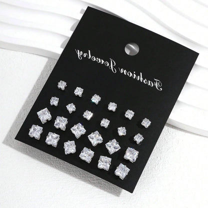 12 Pairs Luxury Zirconia Earrings – Elegant Shiny Stud Set for Parties, Gifts, and Couples